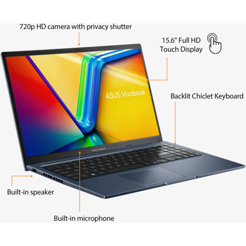 Ноутбук Asus Vivobook 15.6" 1920х1080 FHD Touch IPS (Intel Core i7-1255U, 40GB RAM DDR4, 2 TB SSD, Intel Iris Xe Graphics, Windows 11 Pro) Blue F1502ZA