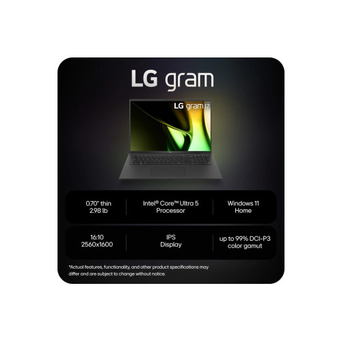 Ноутбук LG Gram 17" 2560x1600 WUXGA IPS (Intel Core Ultra 5 125H, 16GB RAM LPDDR5X, 512GB SSD, Intel ARC Graphics, Windows 11 Home) Black 17Z90S-G.AAB4U1